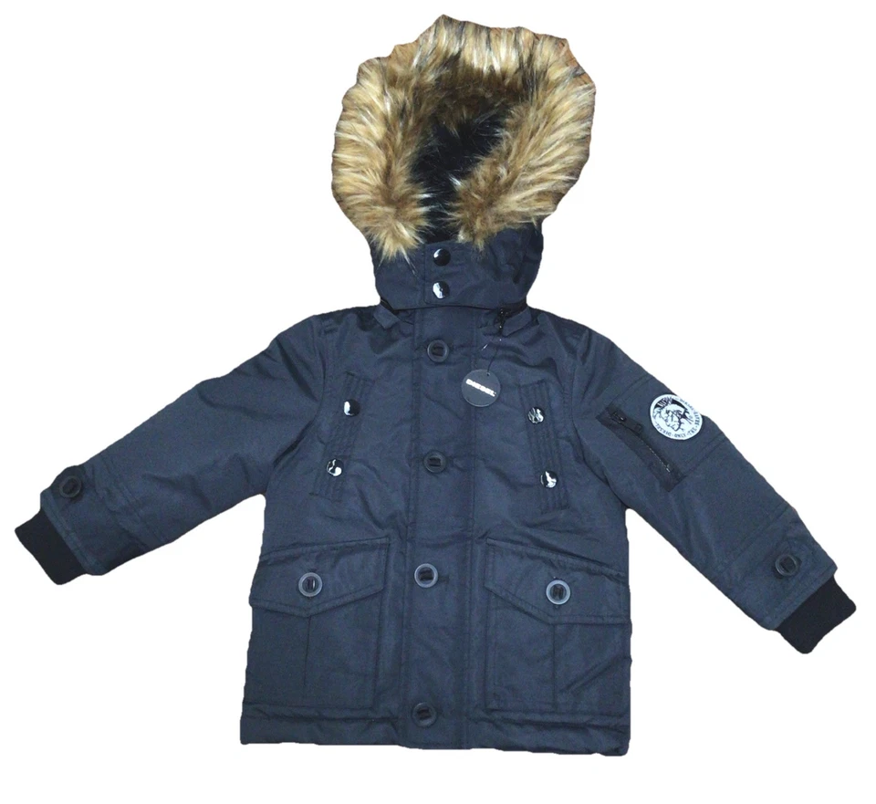 Diesel Black Coat Toddler Size 2T Removable Faux Fur Trim Hood Heavy Winter - Image 1 of 4