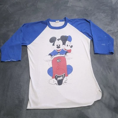 Camisa de Colección Años 70 Mickey Minnie Mouse Scooter Ciclomotor Manga Raglán Juvenil Mediana EE. UU. Foto 1 de 4