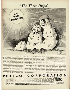 1943 PHILCO Corp. 3 Drips Hitler Tojo Mussolini snowman WALT DITZEN art WWII Ad - Picture 1 of 1