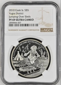 5 DOLLARS 2010 COOK ISLANDS YUGRA DISTRICT JUMPING SLEDS SILVER PROOF NGC PF69 - Picture 1 of 2