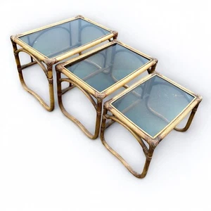 Mid Century bamboo and smoked glass nest of tables - Picture 1 of 4