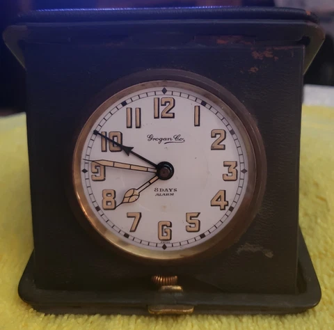 VINTAGE GROGAN CLOCK SWISS 8 DAYS ALARM FOLD OUT - SEE FACE AND HANDS - RARE Cover