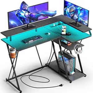 Computer Corner Desk L Shaped Gaming Desk with LED Lights & Power Outlets,Black - Picture 1 of 11
