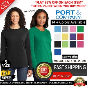 5 Pack Of Port & Company Womens Ladies Long Sleeve Core Cotton T-Shirt - LPC54LS - Picture 1 of 16