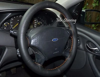 CUBIERTA VOLANTE CUERO NEGRO REAL FORD FOCUS 98-11 COSTURAS NARANJAS Foto 1 de 3