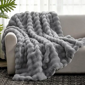 Cozy Bliss Faux Fur Throw Blanket for Couch Fuzzy Soft Plush Thick Bubble Bla... - Picture 1 of 10