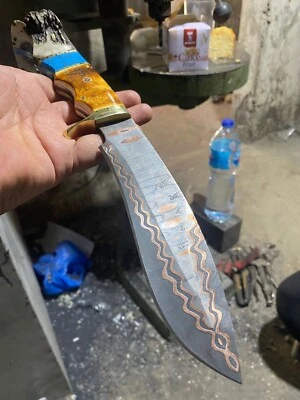 HUNTING TOOLS USA New Custom Handmade Forging Damascus Steel With Copper Lear Rat Tail Kukri Bowie