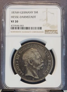 1876 GERMANY SILVER 5 MARK HESSE DARMSTADT NGC VF 20 VERY SCARCE - Picture 1 of 3