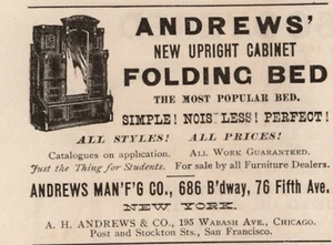 1880s Andrews Folding Bed Print Ad 2x2.5 inch Vintage Ad - Picture 1 of 1