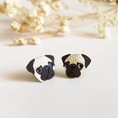 Sienna Sky Brown Pug Dog Face Post Small Stud Earrings Handmade Cute Fun Gift - Image 1 of 3