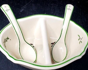 Tazón para servir ovalado árbol de Navidad Spode doble compartimento borde verde con dos cucharas - Imagen 1 de 10