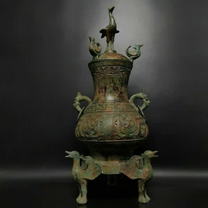 28.7" Antique shang dynasty Bronze ware phoenix bird double Dragon ear wine pot  - Picture 1 of 7