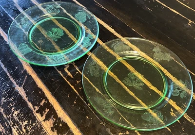 Hazel Atlas 1930s Fruits 8" Plates - Uranium Glass Glows UV Reactive - Set of 2 - Image 1 of 3