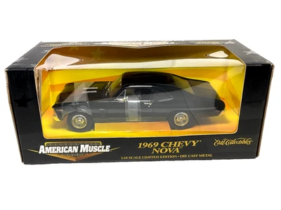 Ertl Coll., American Muscle 1969 preto Chevy Nova SS 396 carro fundido, 1:18, na caixa - Imagem 1 de 4