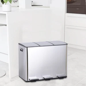 45L Compartment Recycling Bin 3 Compartment Steel Kitchen Waste Bin Pedal Bin - Picture 1 of 29