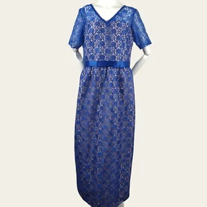 De colección 1960 Zafiro Encaje Cóctel Vestido MOD MCM Azafata Vestido Joya Azul Maxi - Imagen 1 de 11