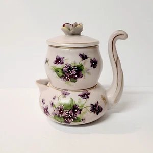 Vintage LEFTON stapelbare langhändige Milchkännchen & Zucker mit Deckel violett Blumenmuster 4,75" - Bild 1 von 16