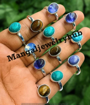 Lote de 10 piezas de anillos enchapados en plata de ley 925 con ojo de tigre y mezcla de piedras preciosas Foto 1 de 4