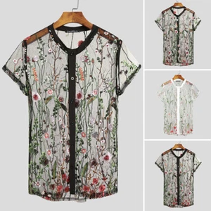 Hombres Sexy Floral Ver A Través Camiseta Manga Corta Elegante Blusa Fiesta Camiseta Prenda para el torso - Imagen 1 de 14