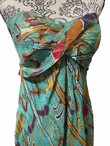 Maxi Vestido Sin Tirantes Nicole Miller Azul Multi Dorado Metálico Seda Para Mujer Talla 10” - Imagen 1 de 10