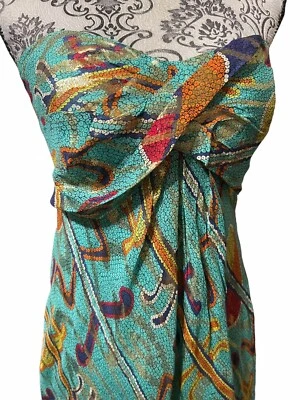 Nicole Miller Blue Multi Gold Metallic Silk Maxi Strapless Dress Women’s Size 10 - Image 1 of 4