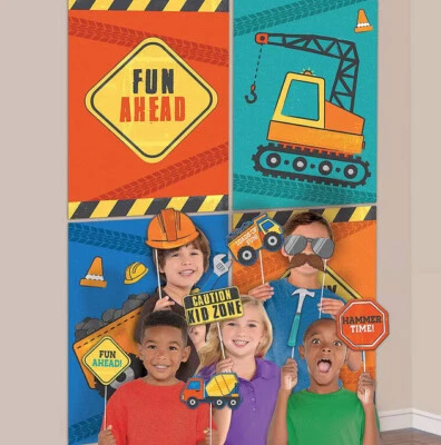 CONSTRUCTION TRUCKS Scene Setter BIRTHDAY party wall BACKDROP w/12 photo props - Image 1 of 2