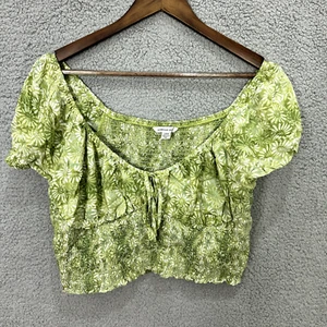 American Eagle Crop Top Womens Large Smocked Green Floral Cottagecore Y2K Boho - Picture 1 of 7