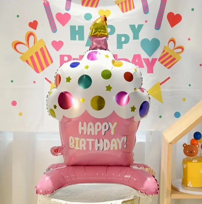 Balões de vela de confete rosa 34" balão gigante folha cupcake FELIZ ANIVERSÁRIO - Imagem 1 de 1