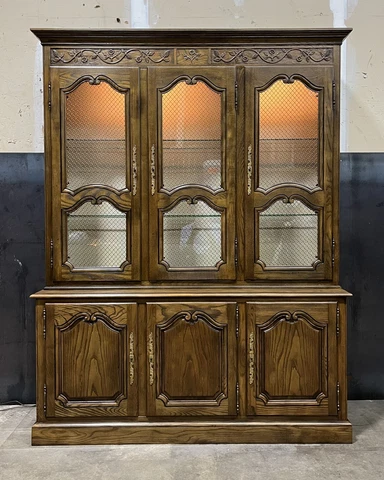 Vtg. Baker Furniture French Country Carved China Cabinet; Brass Grillwork Doors Cover