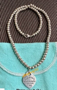 Tiffany & Co 925 Sterling Beaded Necklace Heart Tag Pendant. Authentic - Picture 1 of 10