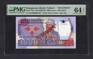 Madagascar 1000 Francs = 200 Ariary ND(1988-93) P72as Spc Uncirculated Grade 64 - Picture 1 of 2