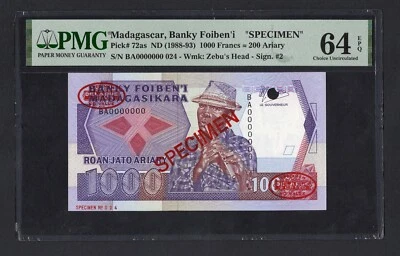 Madagascar 1000 Francs = 200 Ariary ND(1988-93) P72as Spc Uncirculated Grade 64 - Image 1 of 2