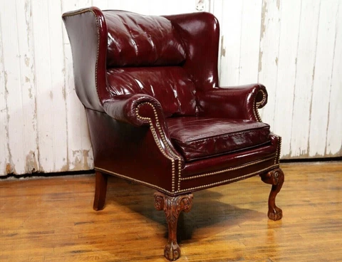 Vintage wingback chair leather Fairington arm chair fireplace claw foot oxblood Cover