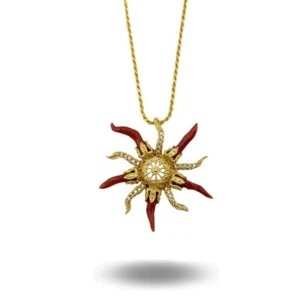 Catena Ciondolo sole cornetti corallo rosso naturale Argento Dorato artigianale - Foto 1 di 7