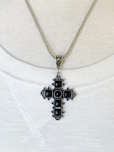 Collar Cruz Negra Colgante Cruz Cadena Plata 18-21" Largo Collar  - Imagen 1 de 8