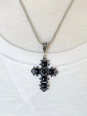 Collar Cruz Negra Colgante Cruz Cadena Plata 18-21" Largo Collar  Foto 1 de 4