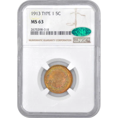 1913 5C Type 1 Buffalo Nickel NGC MS63 CAC - Fantastic Rainbow Toning - Image 1 of 4
