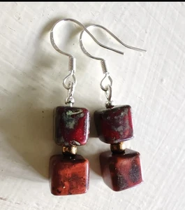 Vintage Scottish Agate Glass Sterling Silver Earrings Brown & Red New 20mm Drops - Picture 1 of 7