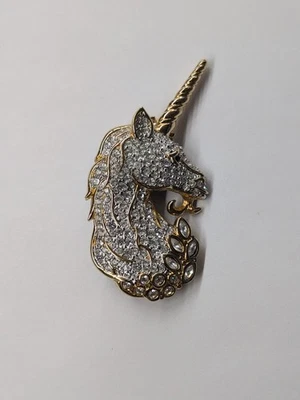 Vtg Signed Swarovski Clear Crystals Unicorn Brooch Enameled Back Gold Toned  - Image 1 of 4