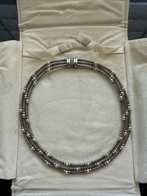 David Yurman DY Sterling Silver 14k Yellow Gold 3 Cable 3mm Pearl Necklace 15" - Image 1 of 4