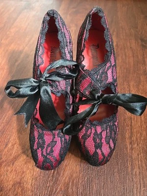 DEMONIA Womens 5" Chunky Heel Gothic Lolita Black Lace  Shoes Red - Image 1 of 4