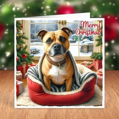 FAT CAT & LAZY DOG Staffordshire Bull Terrier Dog Christmas Card, Staffie