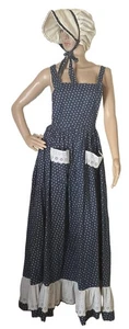 Vintage Cottagecore Prairie Boho Navy Calico Rüschen Kleid & Haube Größe Medium - Bild 1 von 9