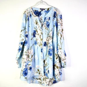 Top de mujer Roaman 22W azul floral botón cuello mandarín túnica cabaña bohemia - Imagen 1 de 8