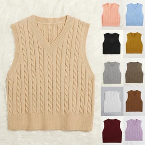 Ärmelloser Damenpullover V-Ausschnitt Zopfmuster Winterpullover Tanktop C8 - Bild 1 von 21