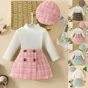 3PCS Toddler Baby Girl Ribbed Shirt Tops Plaid Skirt Hat Outfit Kids Clothes Set - Picture 1 of 17