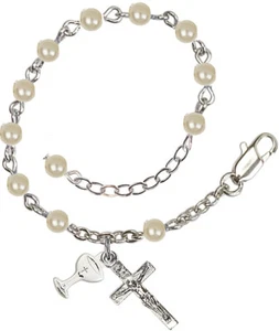 Erstkommunion Perlenimitat Rosenkranz Armband mit Kelch & Kruzifix Silber  - Bild 1 von 1