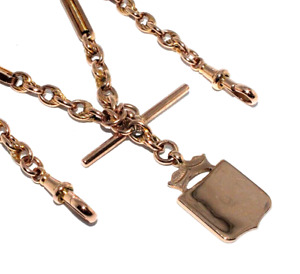 Gents/mens 9ct 9 carat rose gold antique watch chain with fob and T-bar