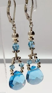 925 BALI Sterling Aquamarine SWAROVSKI CRYSTAL DROP EARRINGS/ARTISAN HANDMADE - Picture 1 of 15