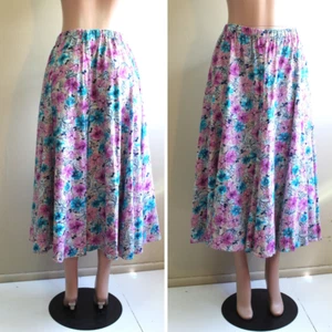 Retro 50s Midi Circle Skirt 3X Plus Linen Cotton Floral Elastic Waist Pink Aqua - Picture 1 of 6